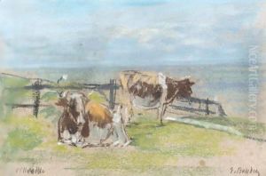 Vaches Sur La Falaise A Villerville by Eugene Boudin