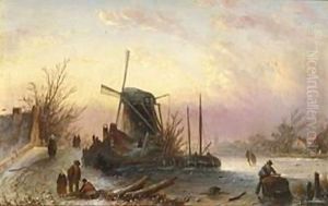A Winter Landscape With Figures Near A Windmill