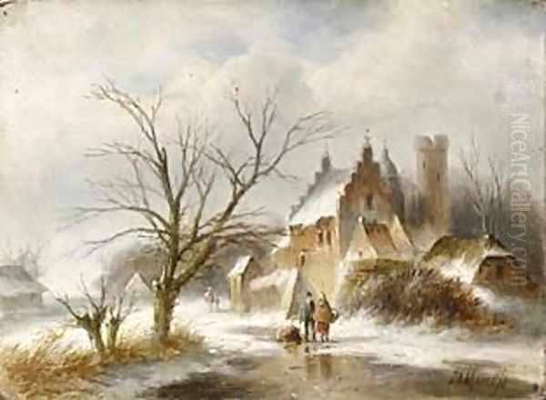 A Winter Landscape With Figures On A Frozen Waterway - view 1