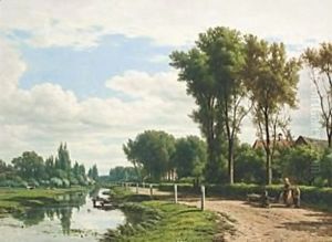 A Summer Landscape With Figures Walking Along A Waterway by Jacob Jan van der Maaten