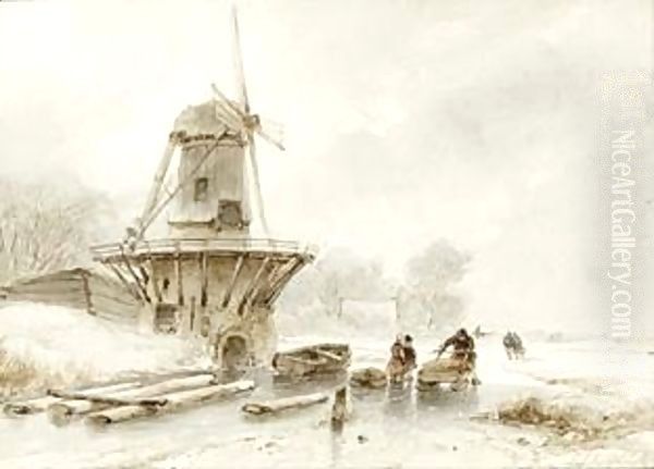 A Winter Landscape With A Windmill And Skaters On The Ice - view 1