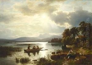 Figures Boating On The Chiemsee by August Wilhelm Leu
