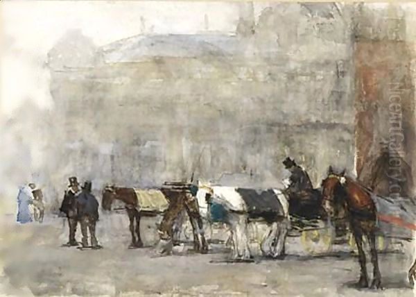 Carriages At De Plaats, The Hague, With The Societeit Place Royale In The Background - view 1