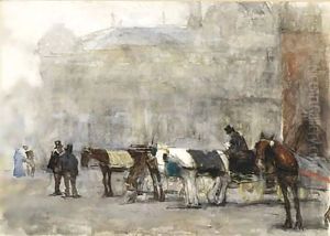 Carriages At De Plaats, The Hague, With The Societeit Place Royale In The Background by Floris Arntzenius