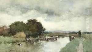 A Peasant In A Polder Landscape by Jan Hendrik Weissenbruch