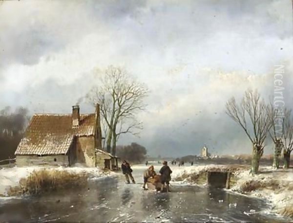 Skaters On A Frozen Waterway, A Village In The Distance - view 1