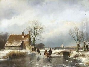 Skaters On A Frozen Waterway, A Village In The Distance