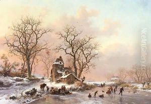 A Winter Landscape With Skaters Near A Hamlet