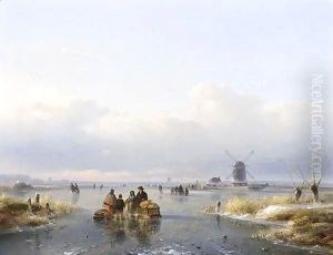 Figures On A Frozen Waterway, A A'Koek En Zopie A' In The Distance