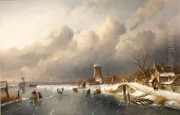 Skaters On A Frozen Waterway, Windmills In The Background - view 1