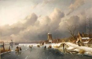 Skaters On A Frozen Waterway, Windmills In The Background by Charles Henri Leickert