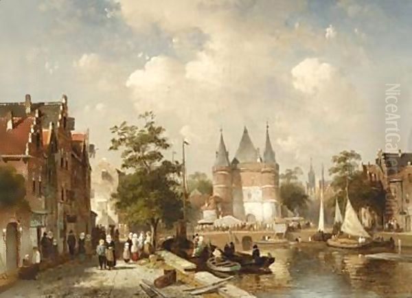 A Busy Canal Scene In A Dutch Town - view 1