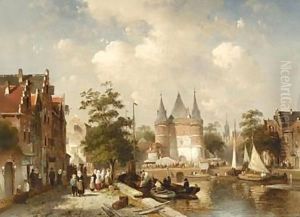 A Busy Canal Scene In A Dutch Town by Charles Henri Leickert