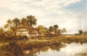 Figures Outside A Cottage By A Stream by Benjamin Williams Leader