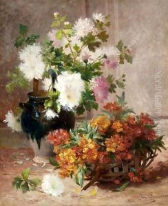 A Vase And A Basket Of Flowers by Eugene Henri Cauchois