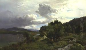 Mountain Landscape With Shepherds And Cattle by Sidney Richard Percy