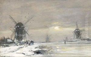 Windmills In A Winter Landscape by Louis Apol
