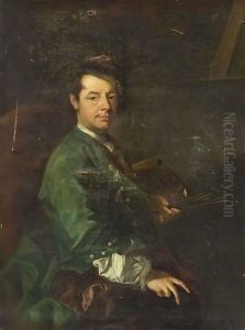 Self Portrait Of The Artist At Work Holding A Palette And Brushes In His Left Hand by Johann-Gottfried Auerbach