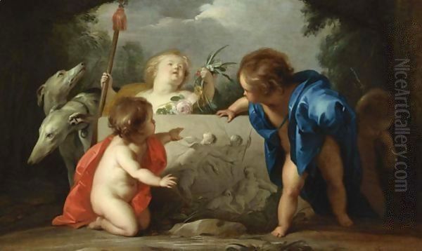 Four Putti And Two Greyhounds Admiring A Bas-Relief Showing Venus And Adonis In A Landscape - view 1