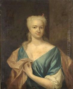 A Portrait Of Sara Louise De Laignier, Half Length, Wearing A Blue Dress With White Sleeves And A Pink Shawl by Philip van Dijk