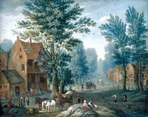 A Village Landscape With Travellers And A Horse And Cart Resting In The Foreground Before A Cottage by Joseph van Bredael