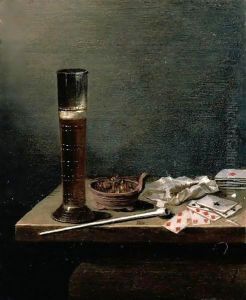 A Still Life With A Glass Of Beer, A Pipe, Tobacco, Playing Cards And A Brazier With Glowing Coals On A Wooden Table.