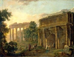 An Architectural Capriccio With Figures Among Roman Ruins thumbnail