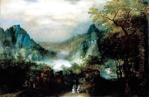 A Mountainous River Landscape With Elegant Figures On The Approaches To A Village - view 1