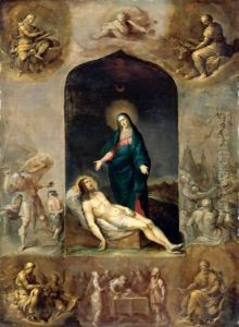 The Pieta Surrounded By The Four Evangelists, And Scenes From The Old Testament Including The Sacrifice Of Isaac And The Brazen Serpent by Frans the younger Francken