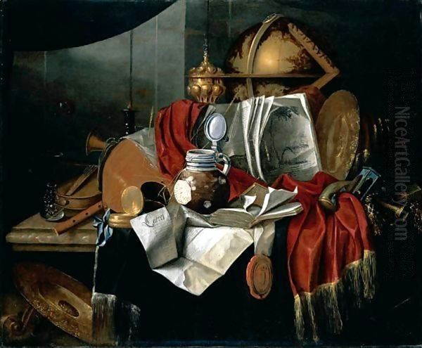 A Still Life With Musical Instruments, A Globe, A Glass And A Book, Together With Other Objects On A Marble Table - view 1