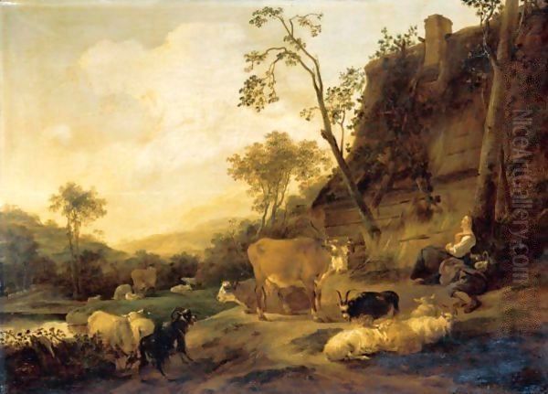 An Italianate Landscape With Figures And Their Animals Beside A Cottage - view 1