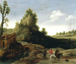 Landscape With Travellers Crossing A Bridge Before A Small Dwelling, Horsemen In The Foreground by Esaias Van De Velde