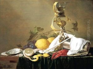 Still Life Of A Wine-Glass On A Parcel-Gilt Stand, An Overturned Silver Beaker And A Lobster On A Pewter Plate, Together With A Clay Pipe, Lemons, Grapes, Shrimps And Oysters, All Arranged Upon A Table-Top Draped With A Green Cloth