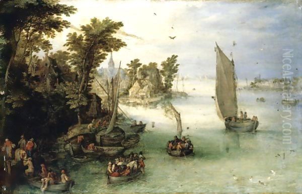 A River Scene With Boats Unloading At A Quay, And A Village Beyond - view 1
