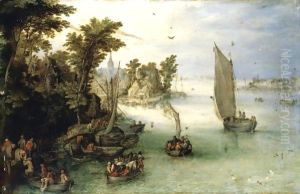 A River Scene With Boats Unloading At A Quay, And A Village Beyond by Jan The Elder Brueghel