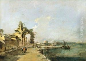 A Venetian Capriccio Of The Lagoon With Figures And A Ruined Arch Beyond by Francesco Guardi