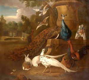 Peacocks, White Pheasants, Doves, A Hen, A Cockerel, A Rabbit Together In A Parkland Landscape by Pieter Casteels III