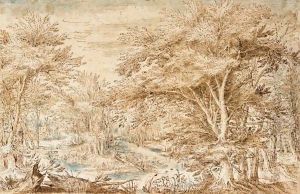 Heavily Wooded Landscape With A Distant Castle By A Stream by Denys Van Alsloot