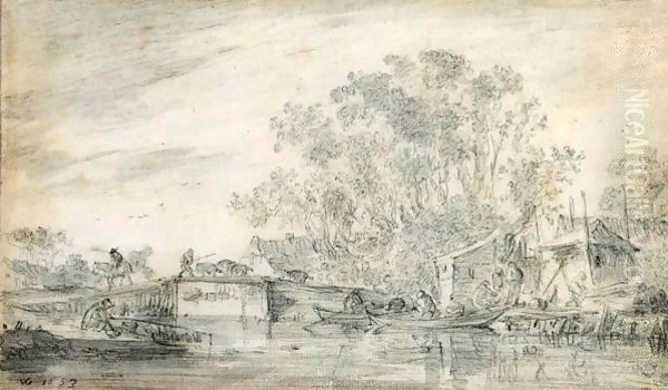 River Landscape With Fishermen In Their Boats To The Right, And A Herdsman With His Flocks On A Low Bridge - view 1