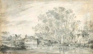 River Landscape With Fishermen In Their Boats To The Right, And A Herdsman With His Flocks On A Low Bridge by Jan van Goyen