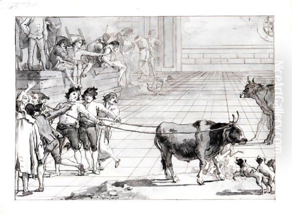 Scene In A Venetian Campo Two Young Men Holding A Bull, Roped By Its Horns, With Dogs And Other Figures Around Them - view 1