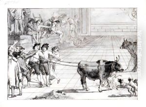 Scene In A Venetian Campo Two Young Men Holding A Bull, Roped By Its Horns, With Dogs And Other Figures Around Them