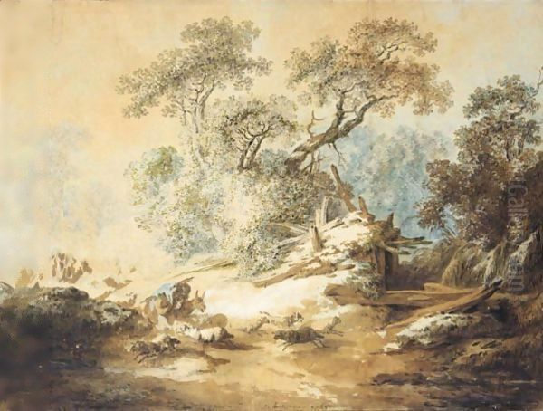 Wooded Autumn Landscape With Shepherds And Their Flock - view 1