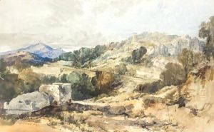 View From The South East Of The Pillar Tomb And The Roman Acropolis At Xanthus, Lycia, With Rock Tombs In The Cliff Face by William James Muller