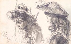 Studienblatt Zwei Madchen (A Study Of Two Girls) by Adolph von Menzel