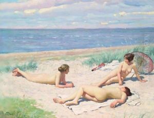 En Sommerdag Pa Stranden (Nude Bathers On A Beach) by Paul-Gustave Fischer