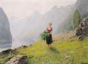 Grensanking Ved Fjorden (Gathering Leaves By A Fjord) by Hans Dahl