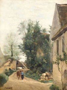 Auvers, Une Rue De Village Avec Une Paysanne Et Sa Vache by Jean-Baptiste-Camille Corot
