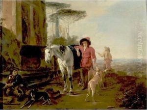 Hunters Resting In A Landscape With A Grey Horse And Hounds by Dirck Willemsz. Stoop