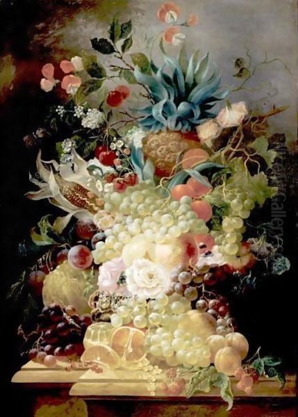 Still Life Of Various Fruits And Flowers On A Ledge Including A Pineapple And An Ear Of Corn - view 1